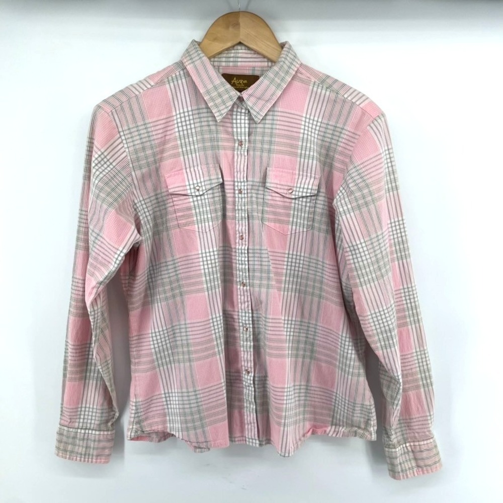 VTG Aura WRANGLER Womens‎ Lg Western L/S Shirt Pink Green Plaid Top Pearl Snap